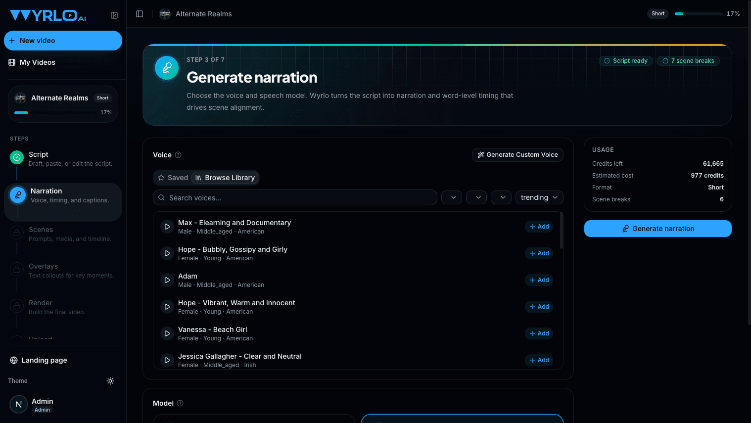 Wyrlo narration screen with a searchable voice library and live credit cost estimate