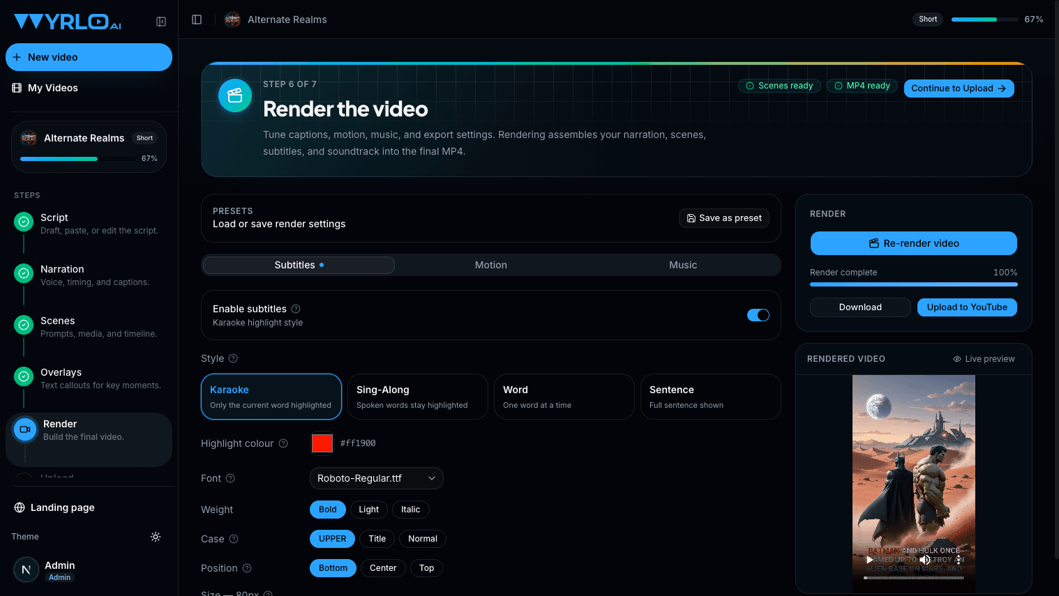 Wyrlo render screen with karaoke subtitle styling controls and the finished rendered video preview