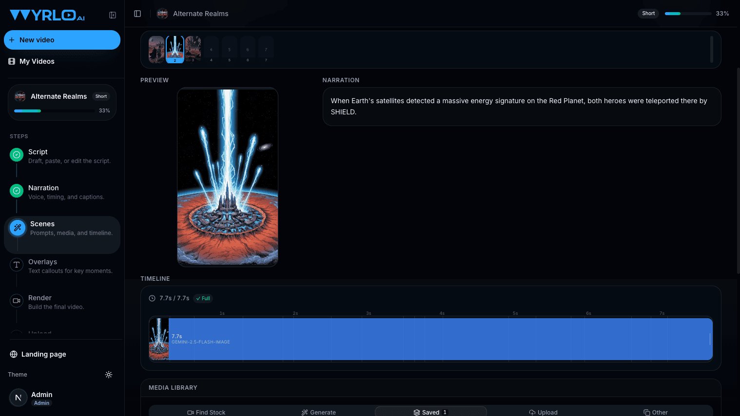 Wyrlo scene editor showing a generated image, its narration line, and a per-clip timeline