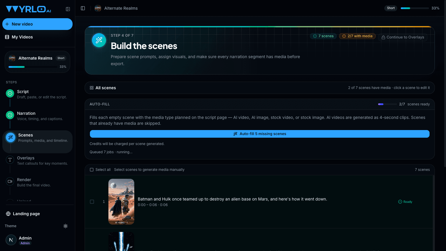 Wyrlo scene list with an auto-fill panel generating media for every scene