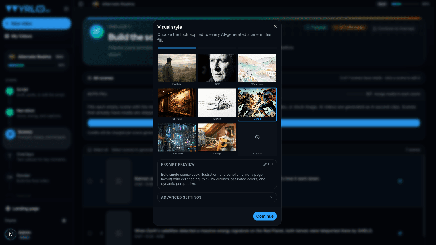 Wyrlo visual style picker with Realistic, B&W, Watercolor, Oil Paint, Sketch, Comic, Cyberpunk, and Vintage presets