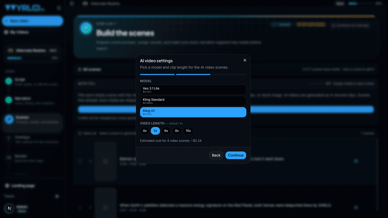 Wyrlo AI video model and clip-length picker with per-model pricing