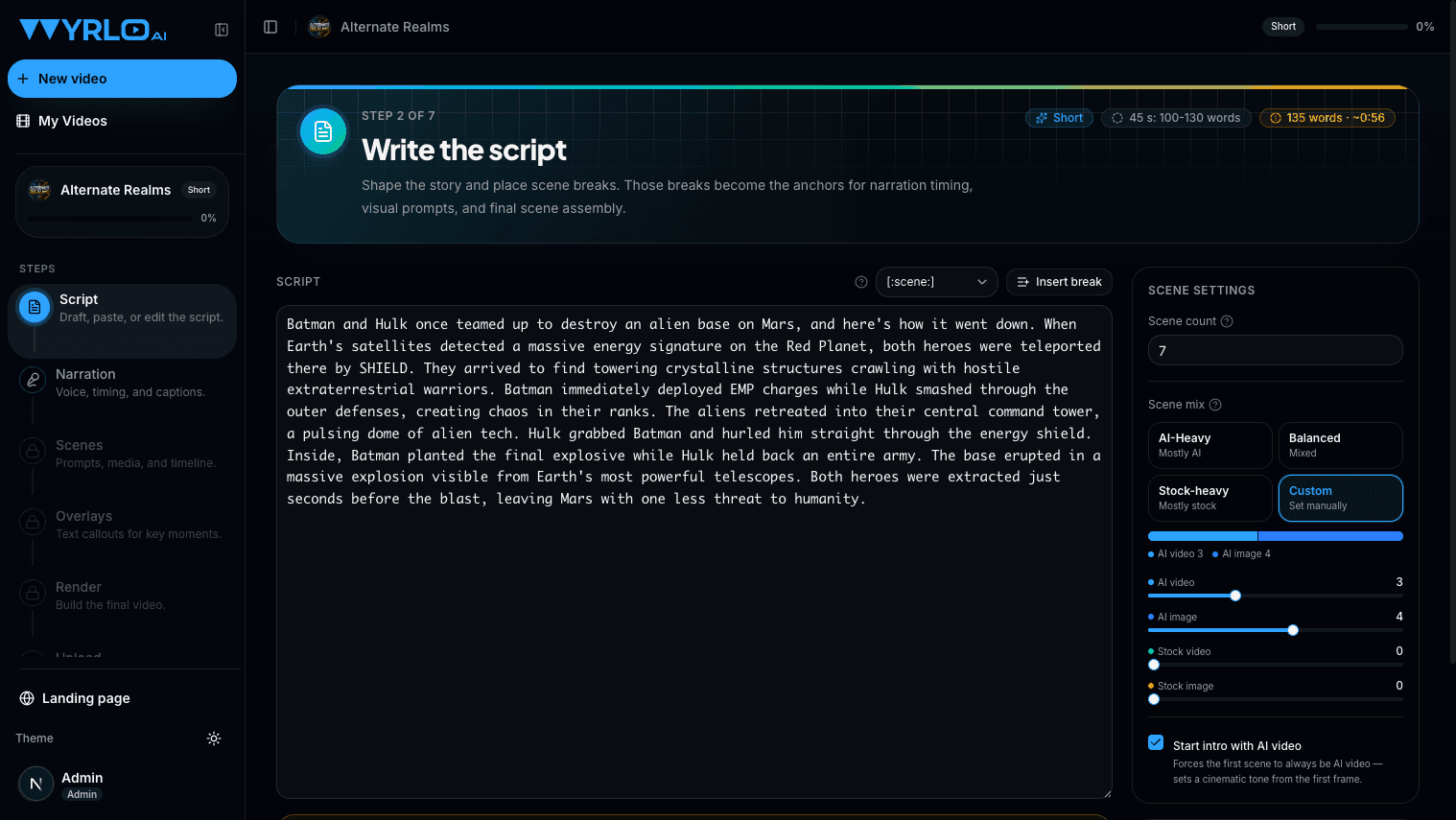 Wyrlo script editor with a custom scene-mix slider across AI video, AI image, stock video, and stock image