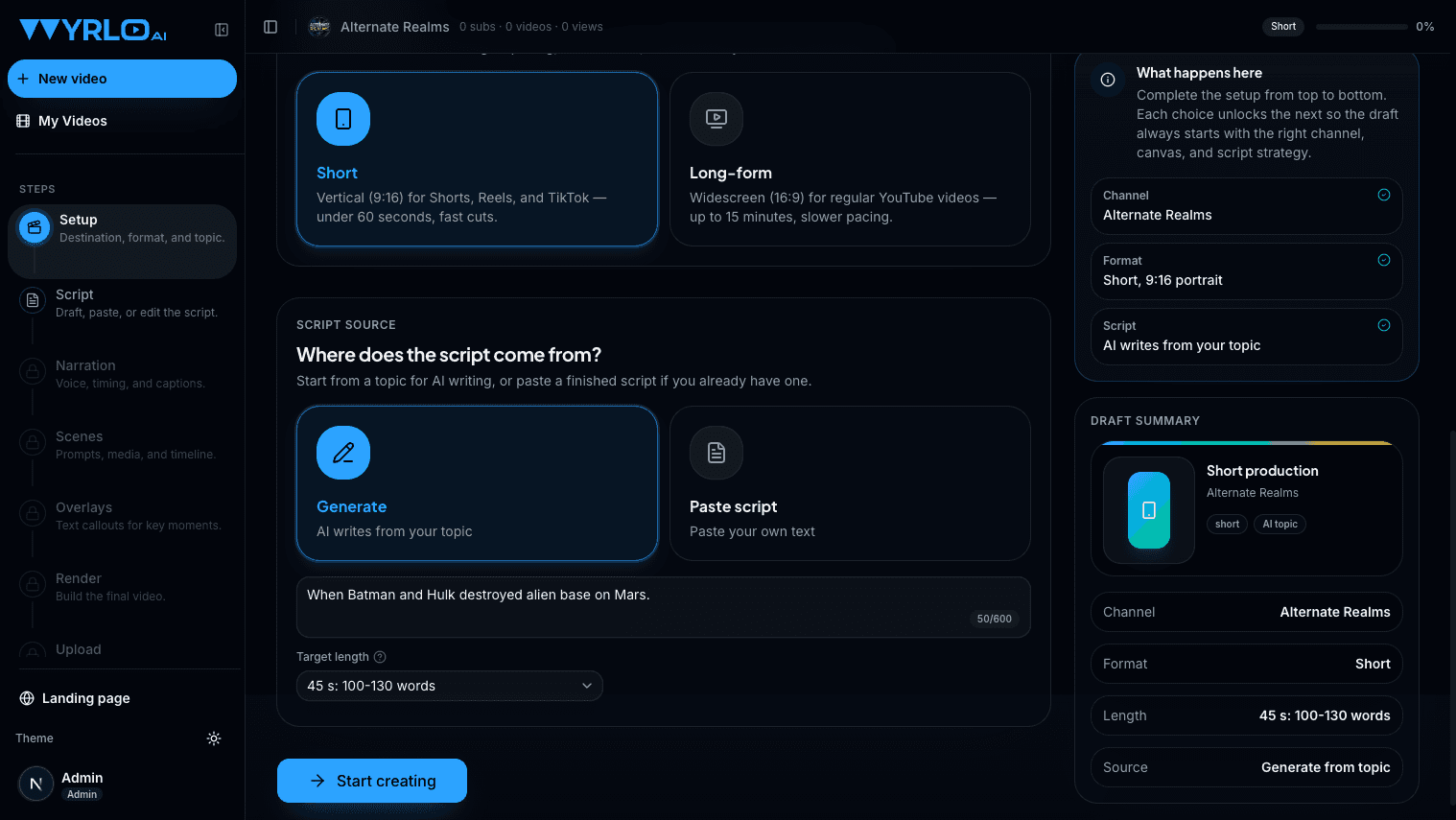 Wyrlo setup screen showing Short vs Long-form format and a topic prompt for AI script generation
