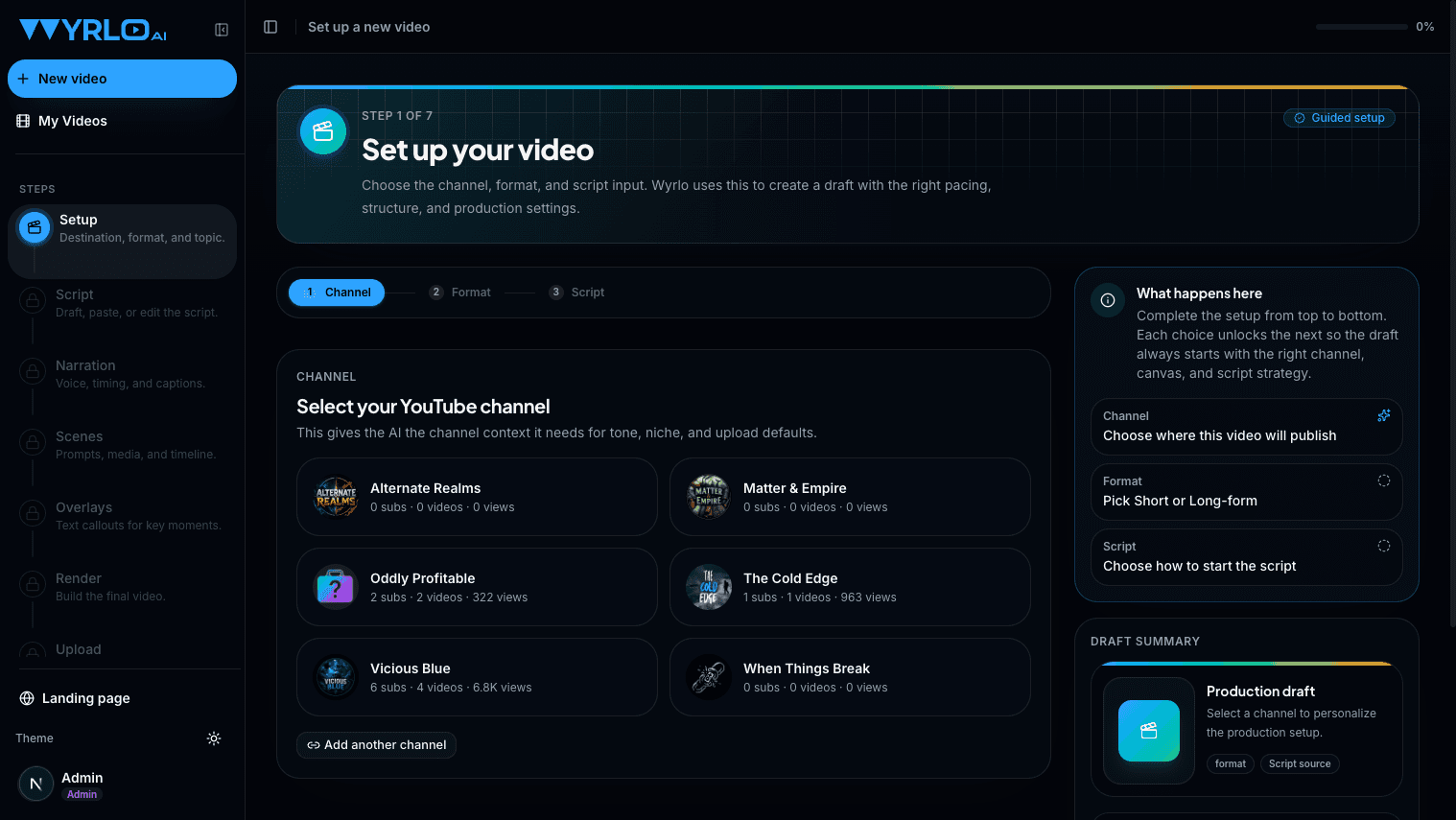The Wyrlo video setup screen, where you choose a channel, format, and script source