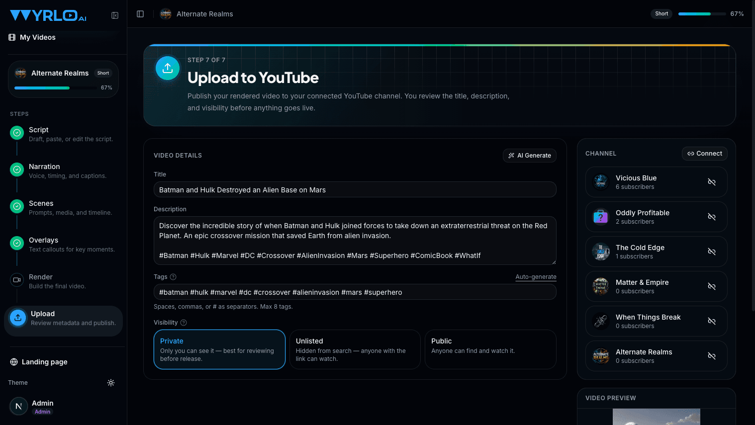 Wyrlo upload screen with AI-generated title, description, tags, and YouTube channel selection
